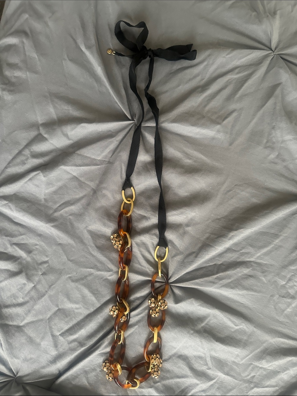 J. Crew Black Ribbon Necklace with Tortoiseshell Links & Gold Crystal Accents